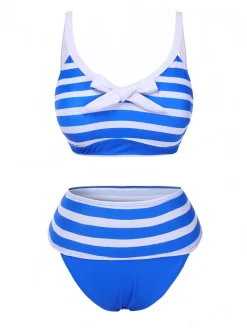 Best Retro Stage 1950s Striped Bow Bikini Set Blue & White