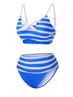 Best Retro Stage 1950s Striped Bow Bikini Set Blue & White