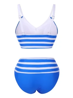 Best Retro Stage 1950s Striped Bow Bikini Set Blue & White