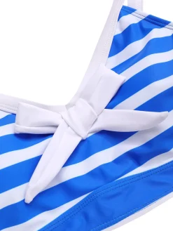 Best Retro Stage 1950s Striped Bow Bikini Set Blue & White