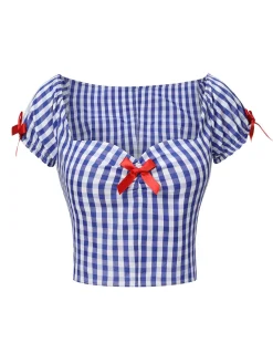 Clearance Retro Stage 1950s Sweetheart Neck Plaid Top Blue & White