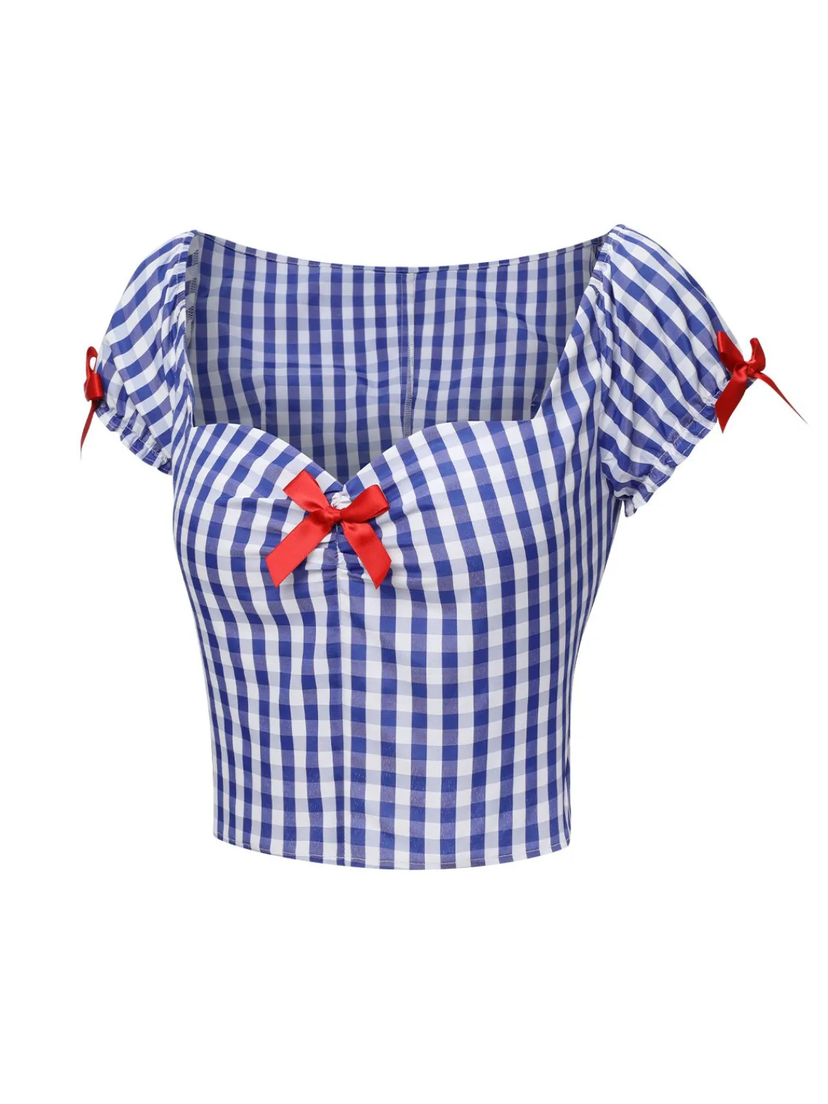Clearance Retro Stage 1950s Sweetheart Neck Plaid Top Blue & White