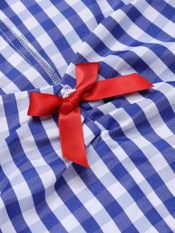Clearance Retro Stage 1950s Sweetheart Neck Plaid Top Blue & White