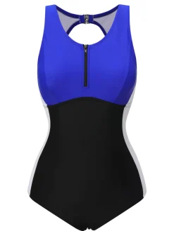 Online Retro Stage 1930s Color Block Swimsuit Blue Black White