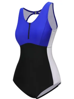 Online Retro Stage 1930s Color Block Swimsuit Blue Black White