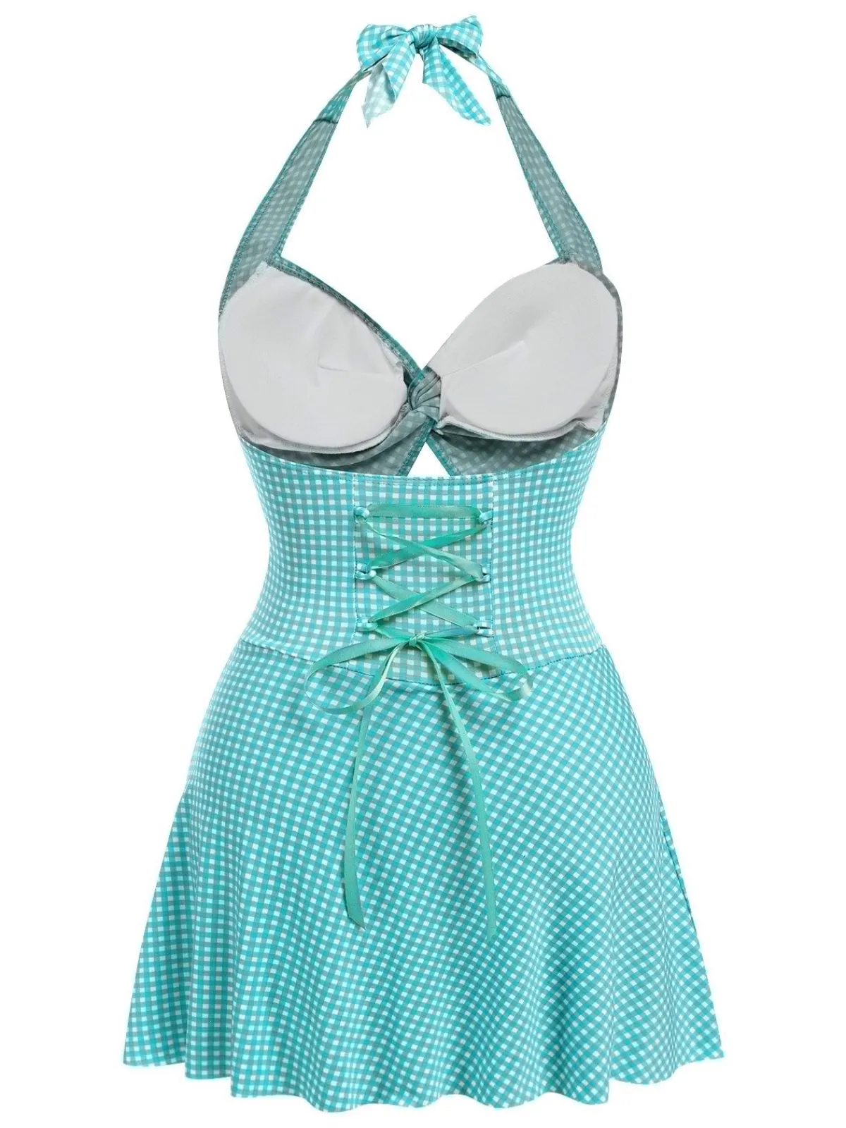 Best Retro Stage Blue Green 1930s Plaid Halter One-Piece Swimsuit
