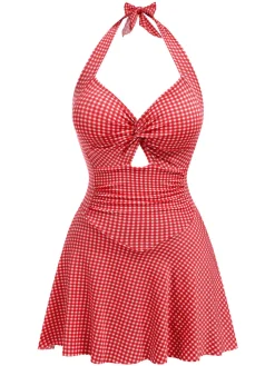 Best Retro Stage Blue Green 1930s Plaid Halter One-Piece Swimsuit