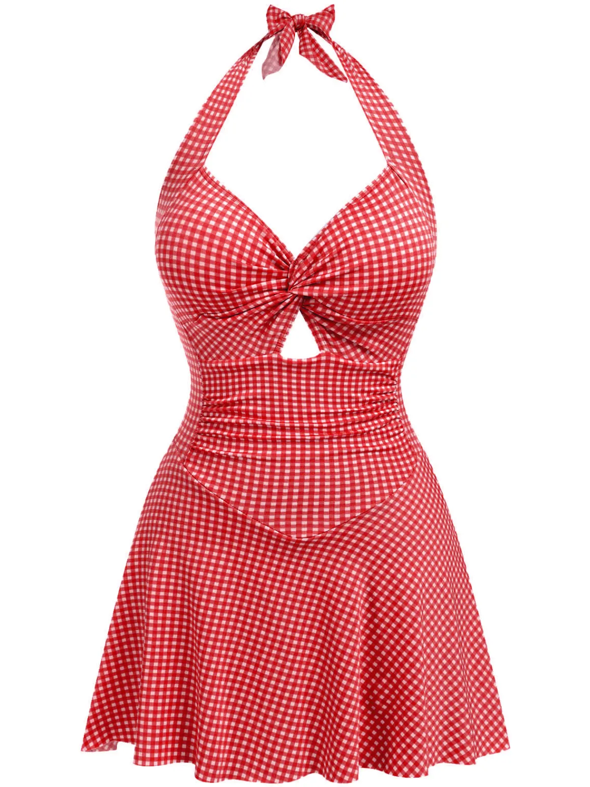 Best Retro Stage Blue Green 1930s Plaid Halter One-Piece Swimsuit