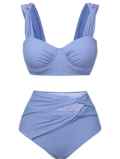 Discount Retro Stage 1960s Wide Strap Wrinkle Swimsuit Blue Grey