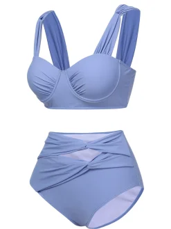 Discount Retro Stage 1960s Wide Strap Wrinkle Swimsuit Blue Grey