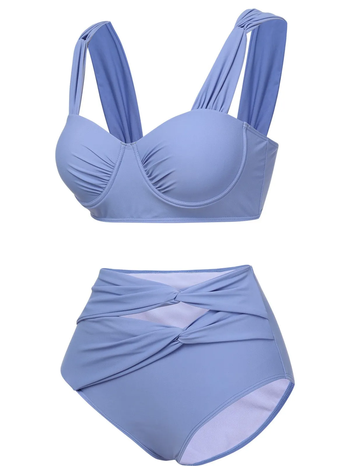 Discount Retro Stage 1960s Wide Strap Wrinkle Swimsuit Blue Grey