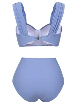 Discount Retro Stage 1960s Wide Strap Wrinkle Swimsuit Blue Grey