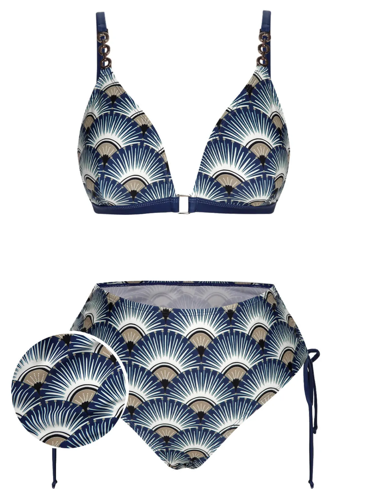 Sale Retro Stage 1930s Ancient Fan Lace-Up Bikini Set Blue
