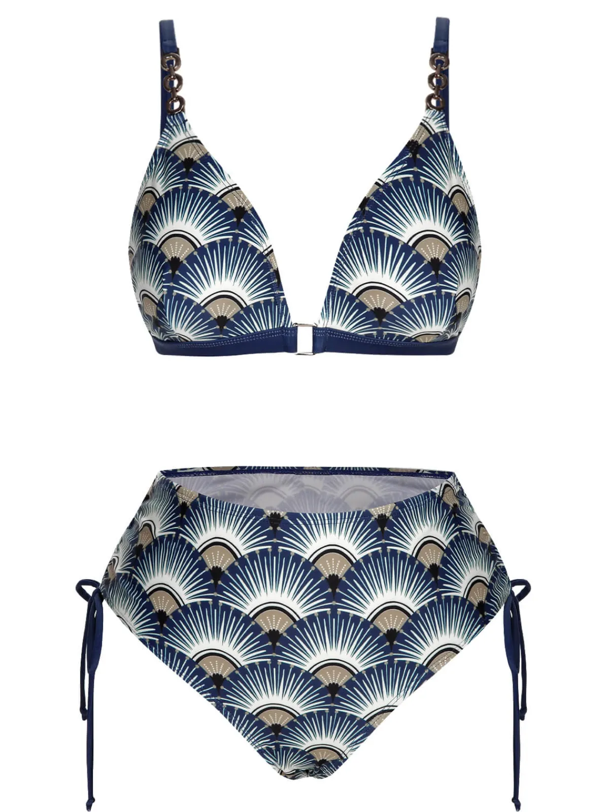 Sale Retro Stage 1930s Ancient Fan Lace-Up Bikini Set Blue