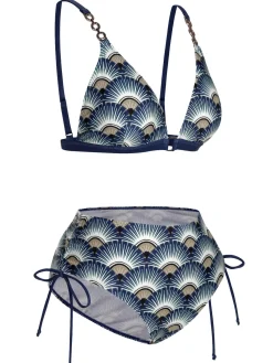 Sale Retro Stage 1930s Ancient Fan Lace-Up Bikini Set Blue