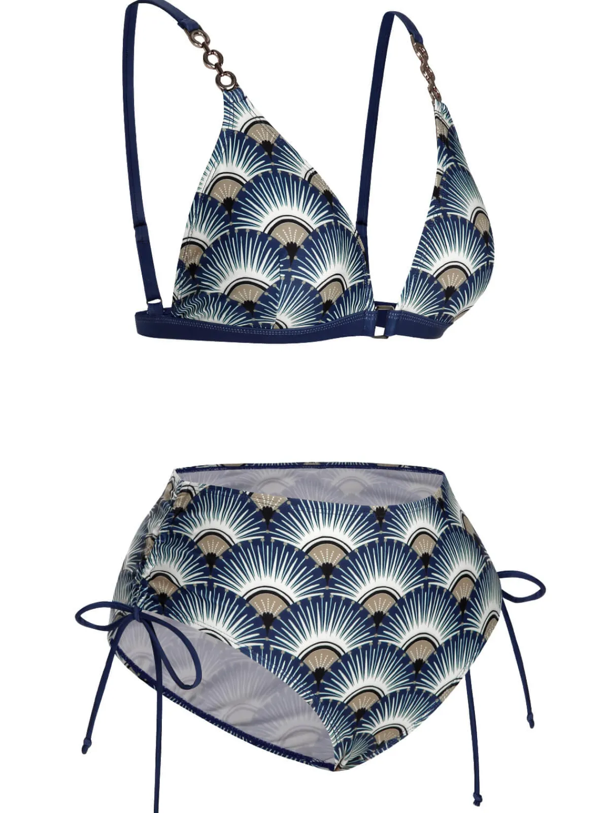 Sale Retro Stage 1930s Ancient Fan Lace-Up Bikini Set Blue