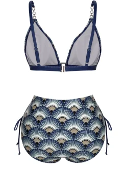 Sale Retro Stage 1930s Ancient Fan Lace-Up Bikini Set Blue