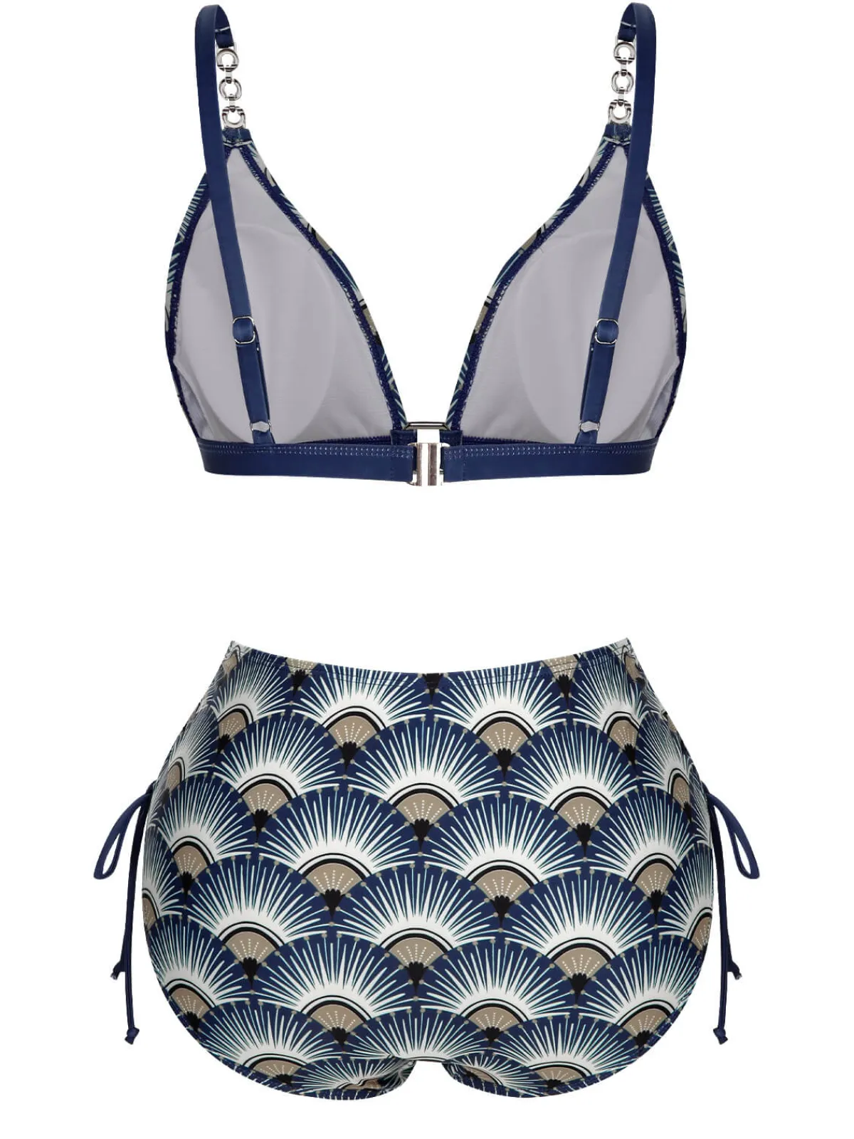 Sale Retro Stage 1930s Ancient Fan Lace-Up Bikini Set Blue