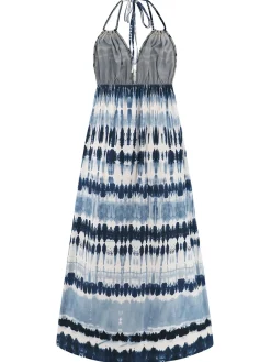 Clearance Retro Stage 1940s Backless Tie Dye Long Dress Blue