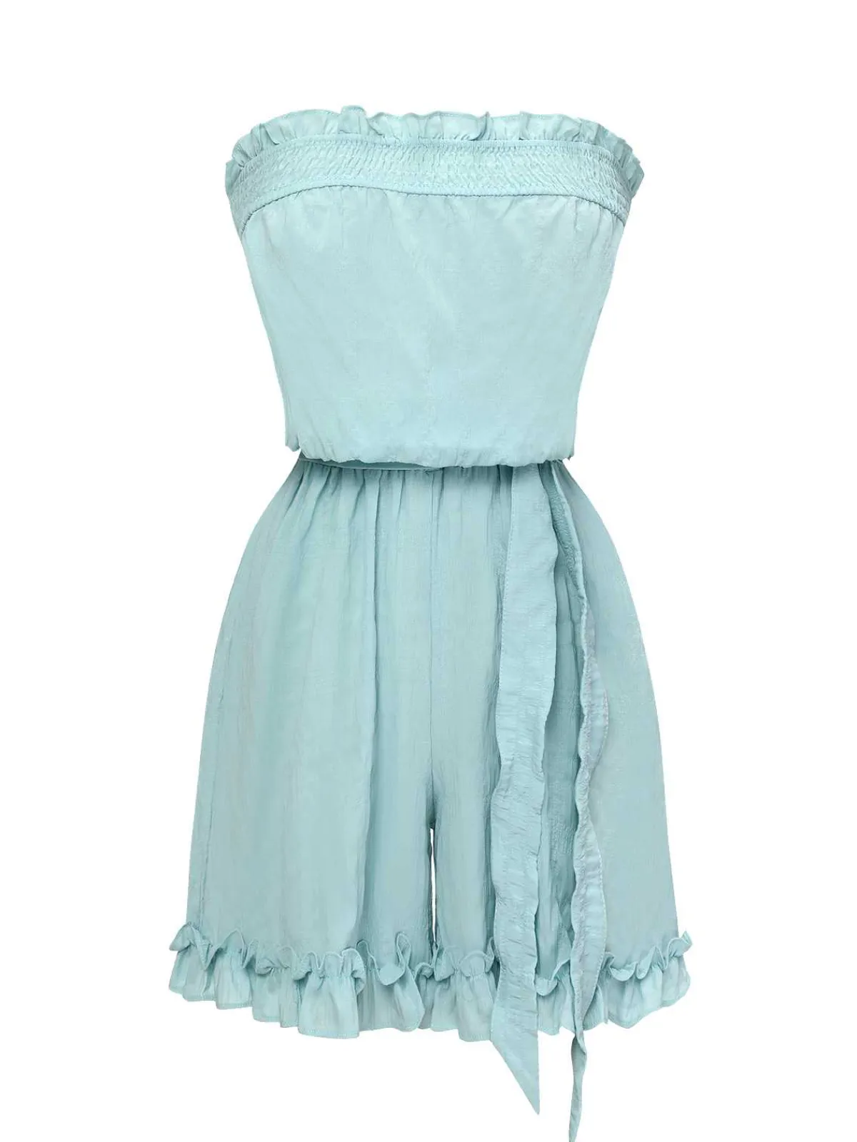 Hot Retro Stage 1950s Bandeau Ruffles Belted Romper Blue