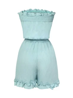Hot Retro Stage 1950s Bandeau Ruffles Belted Romper Blue