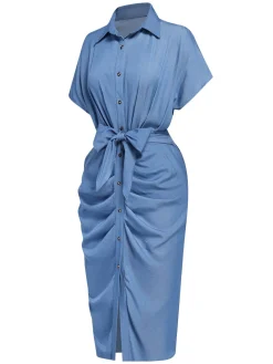Discount Retro Stage 1960s Batwing Tencel Denim Shirt Dress Blue