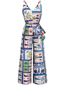 Sale Retro Stage 1930s Beach Print Sleeveless Jumpsuit Blue