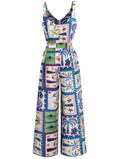 Sale Retro Stage 1930s Beach Print Sleeveless Jumpsuit Blue