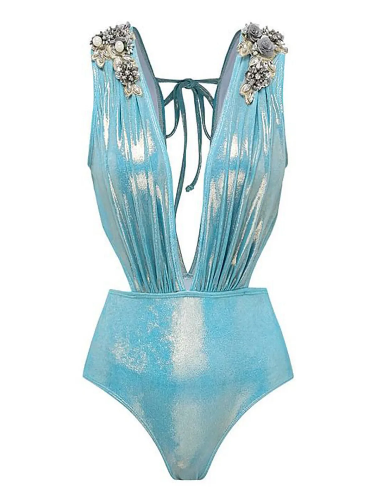 Outlet Retro Stage 1930s Beading Shimmery One-Piece Swimsuit Blue