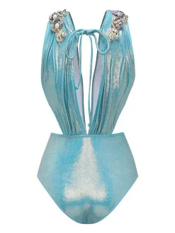 Outlet Retro Stage 1930s Beading Shimmery One-Piece Swimsuit Blue