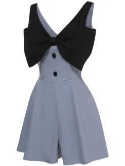 Clearance Retro Stage Blue 1950s Big Bowknot Patchwork Romper Light Blue