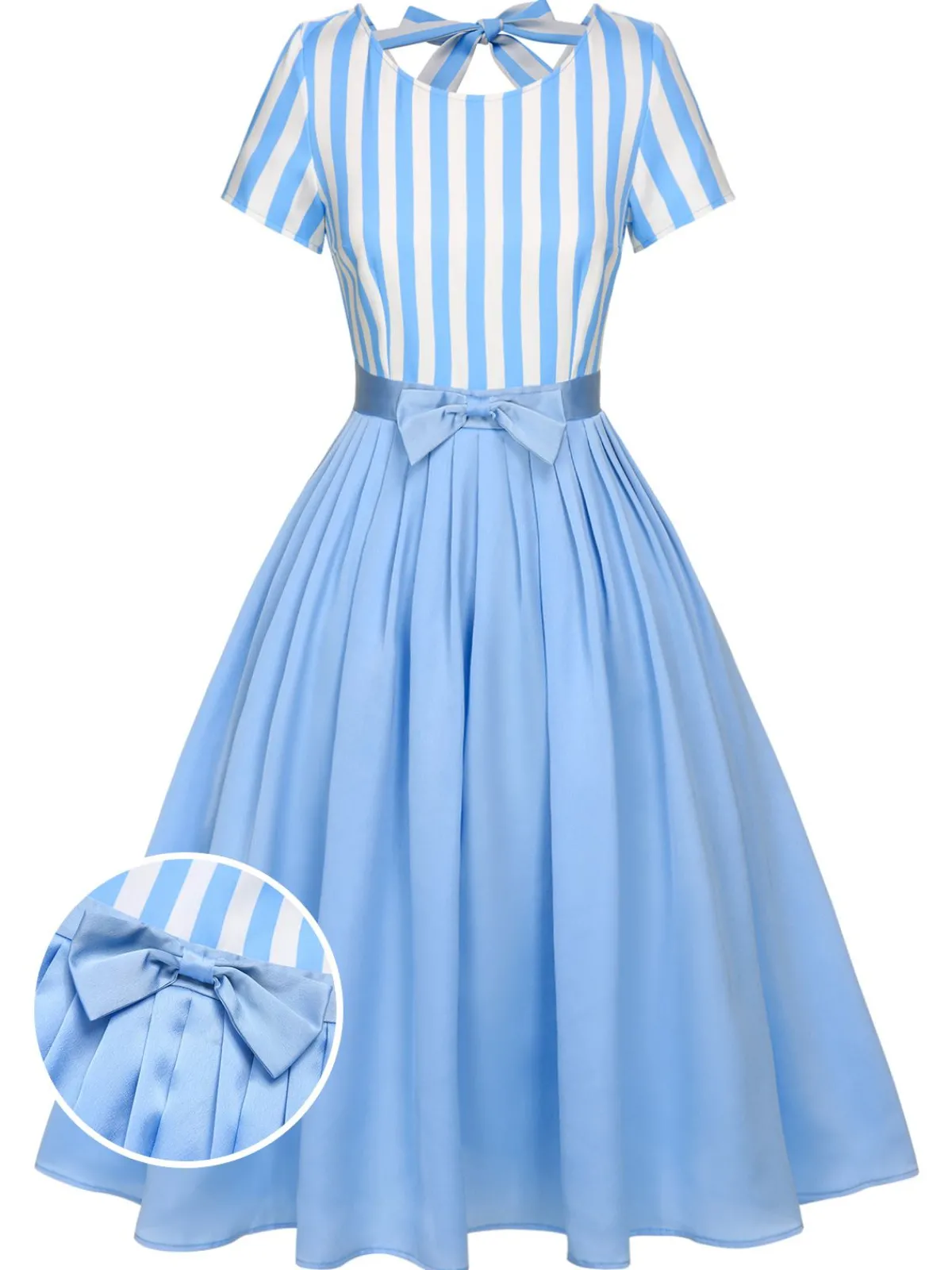 Online Retro Stage 1940s Boat Neck Stripes Bow Dress Blue