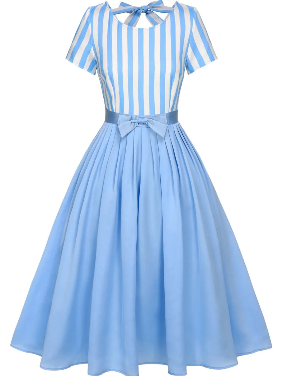 Online Retro Stage 1940s Boat Neck Stripes Bow Dress Blue