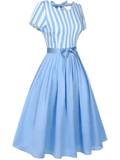 Online Retro Stage 1940s Boat Neck Stripes Bow Dress Blue
