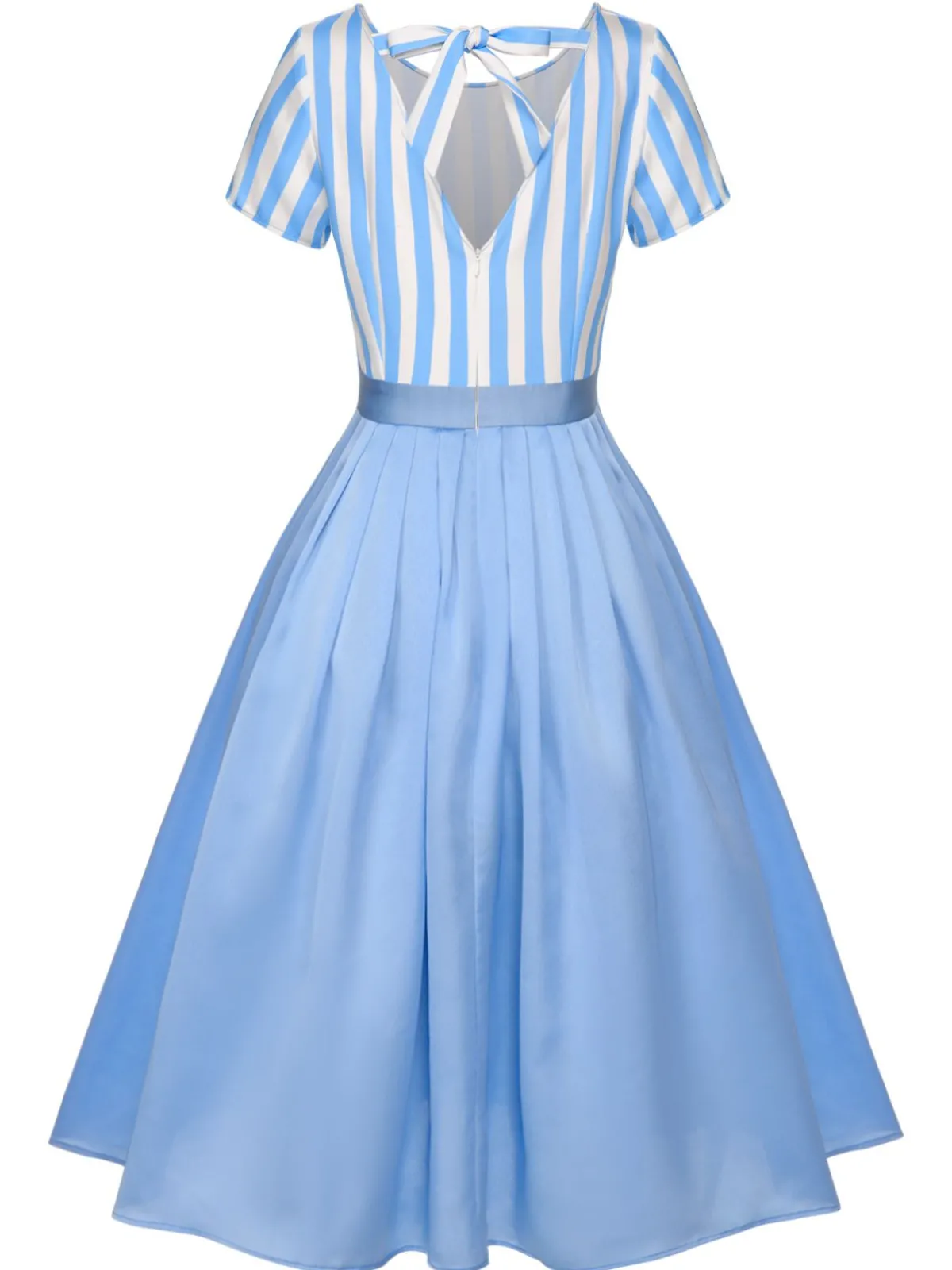 Online Retro Stage 1940s Boat Neck Stripes Bow Dress Blue
