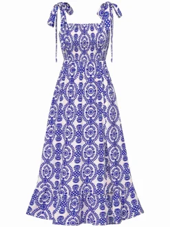 Discount Retro Stage 1970s Bohemian Straps Print Sleeveless Dress Blue
