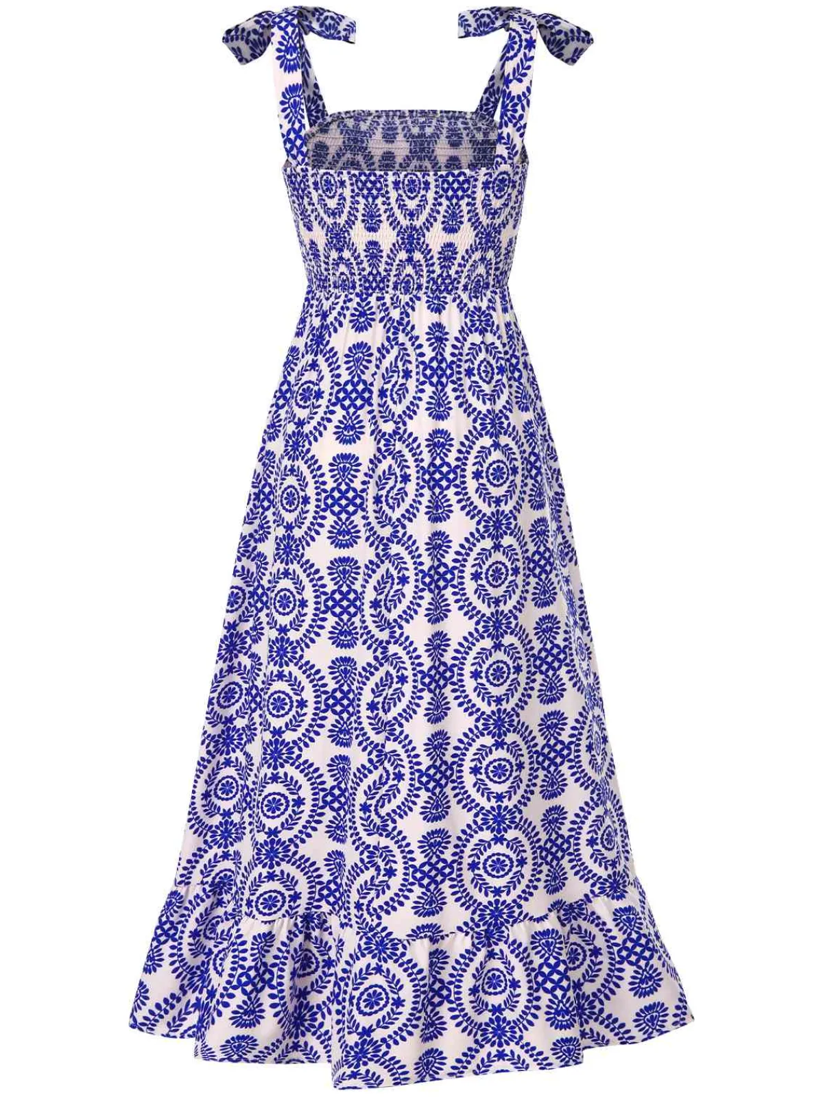 Discount Retro Stage 1970s Bohemian Straps Print Sleeveless Dress Blue