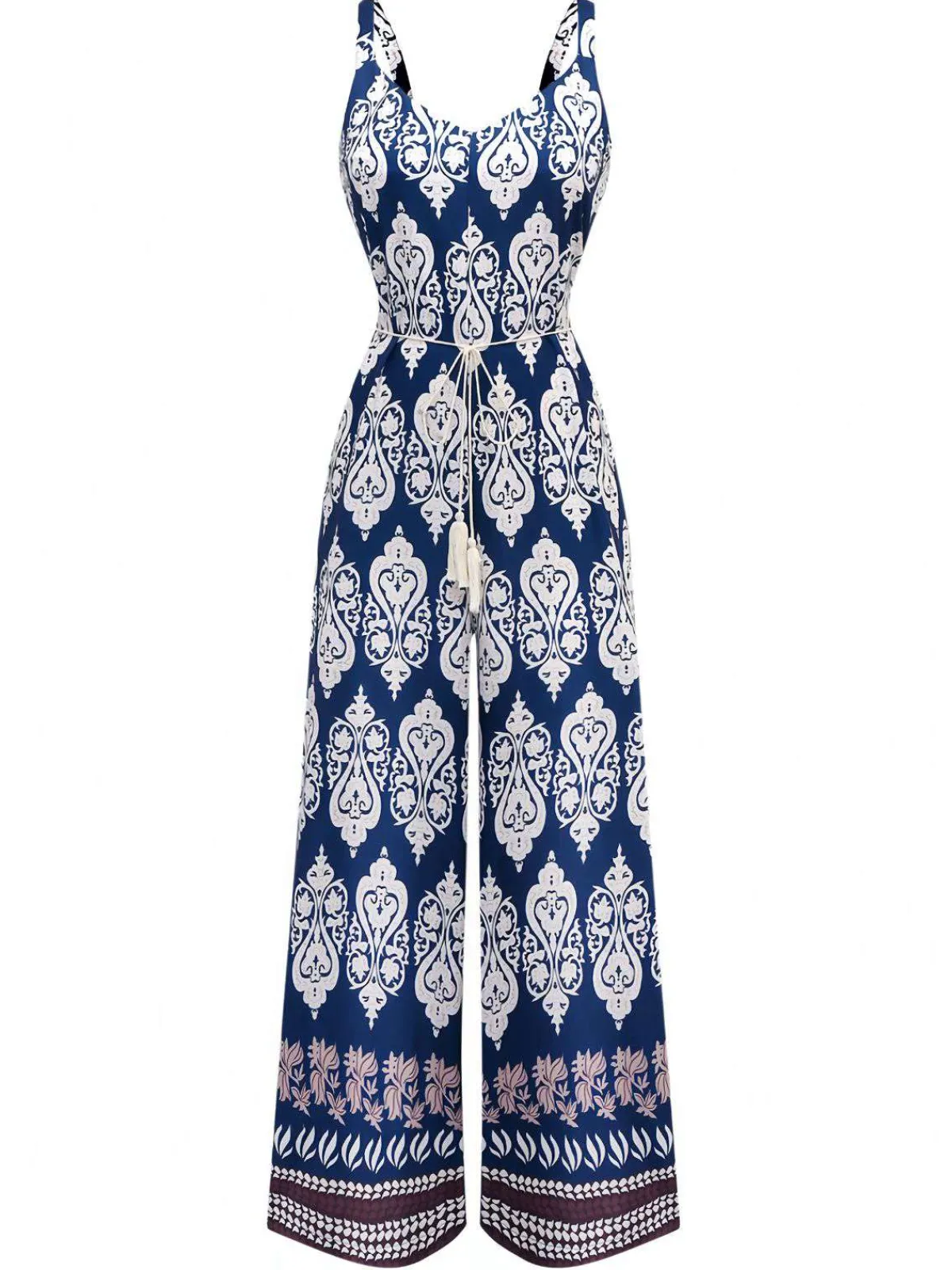 Outlet Retro Stage 1970s Boho Ethnic Print Strap Belted Jumpsuit Blue