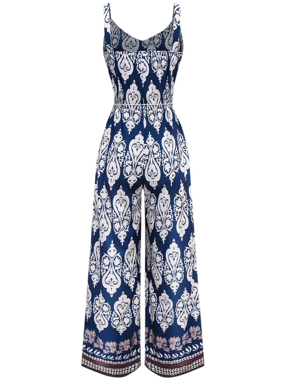 Outlet Retro Stage 1970s Boho Ethnic Print Strap Belted Jumpsuit Blue