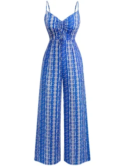 Fashion Retro Stage 1970s Boho Style Suspender Jumpsuit Blue