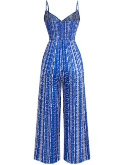 Fashion Retro Stage 1970s Boho Style Suspender Jumpsuit Blue