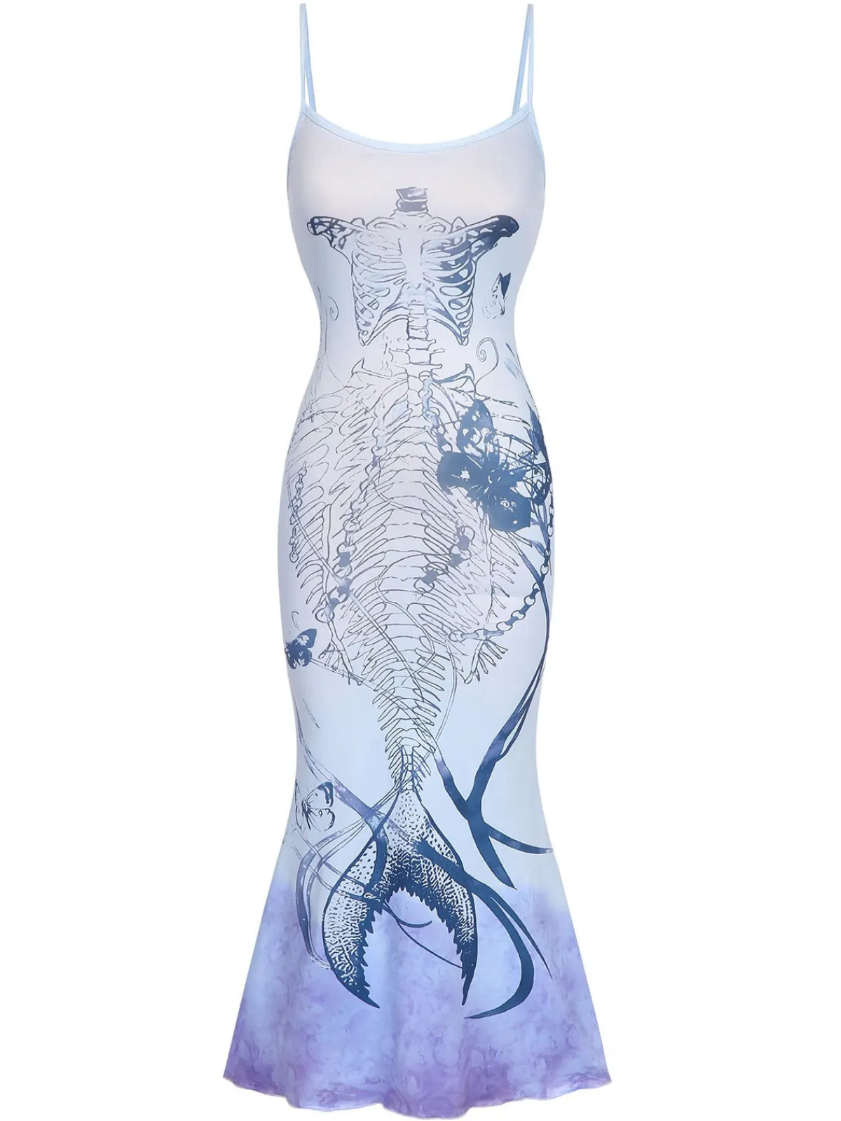 Fashion Retro Stage 1930s Butterfly Mermaid Skeleton Fishtail Dress Blue