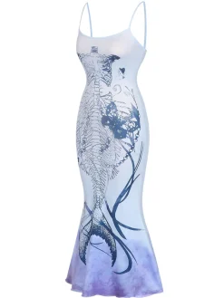 Fashion Retro Stage 1930s Butterfly Mermaid Skeleton Fishtail Dress Blue