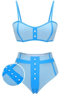 Sale Retro Stage 1950s Button Patchwork Swimsuit Blue