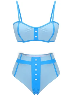 Sale Retro Stage 1950s Button Patchwork Swimsuit Blue