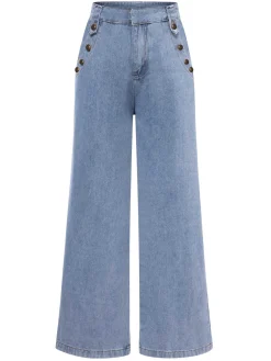 Discount Retro Stage 1940s Button Wide-Leg Denim Jeans Blue