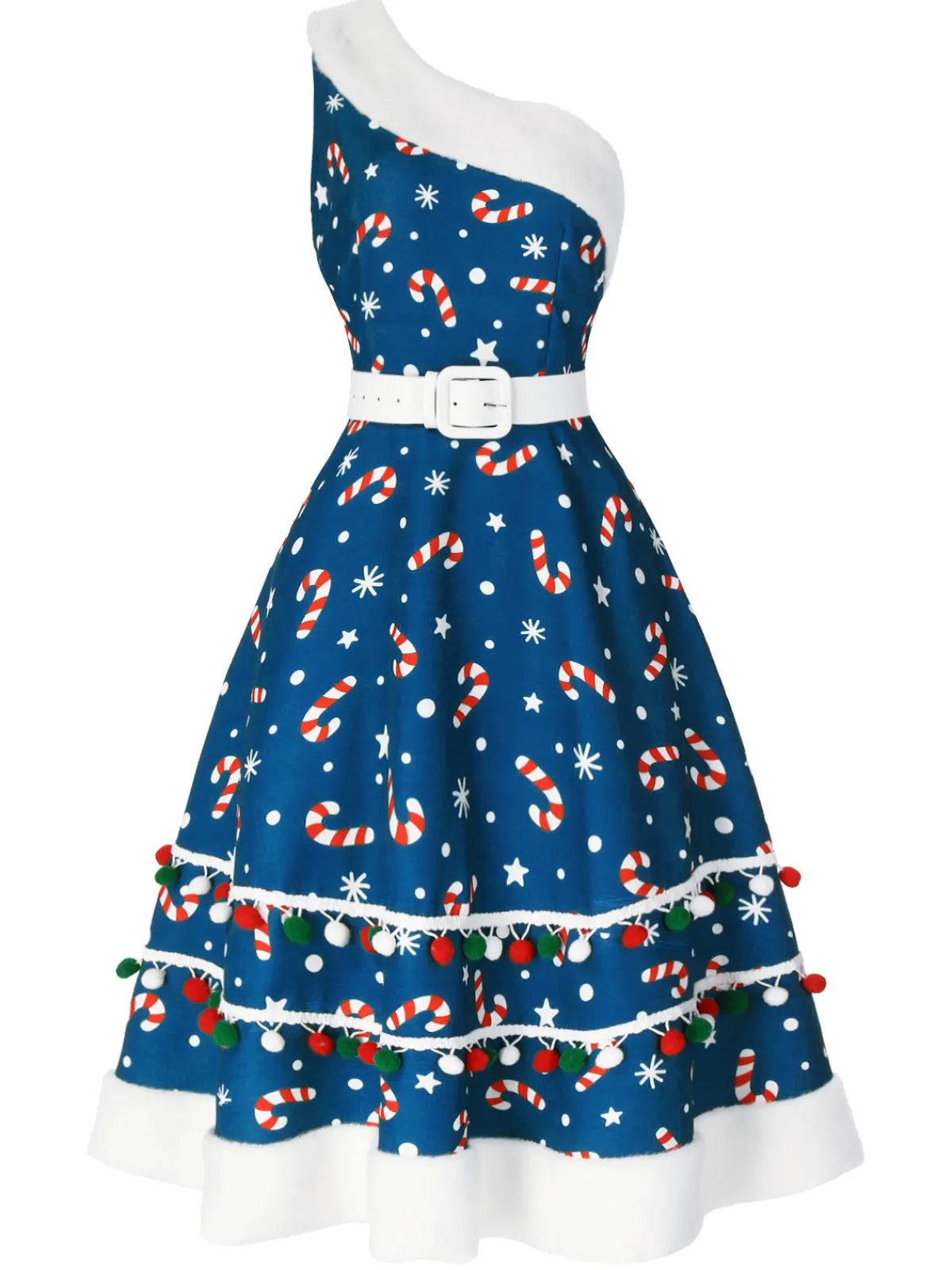 Best Retro Stage Blue 1950s Candy Cane One-Shoulder Dress