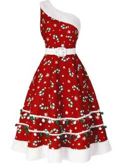 Best Retro Stage Blue 1950s Candy Cane One-Shoulder Dress