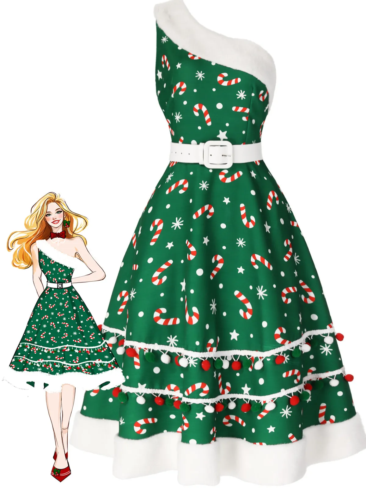 Best Retro Stage Blue 1950s Candy Cane One-Shoulder Dress