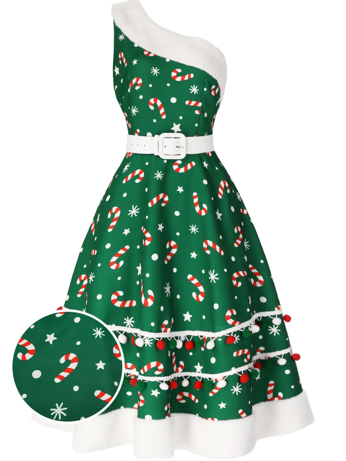 Best Retro Stage Blue 1950s Candy Cane One-Shoulder Dress